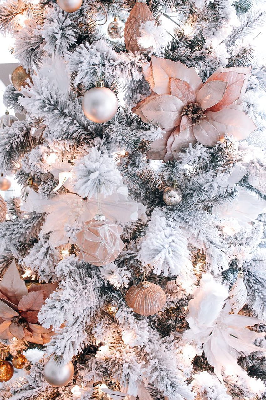 Blush Pink, Rose Gold y White Christmas Decor, árbol de Navidad rosa y gris fondo de pantalla del teléfono