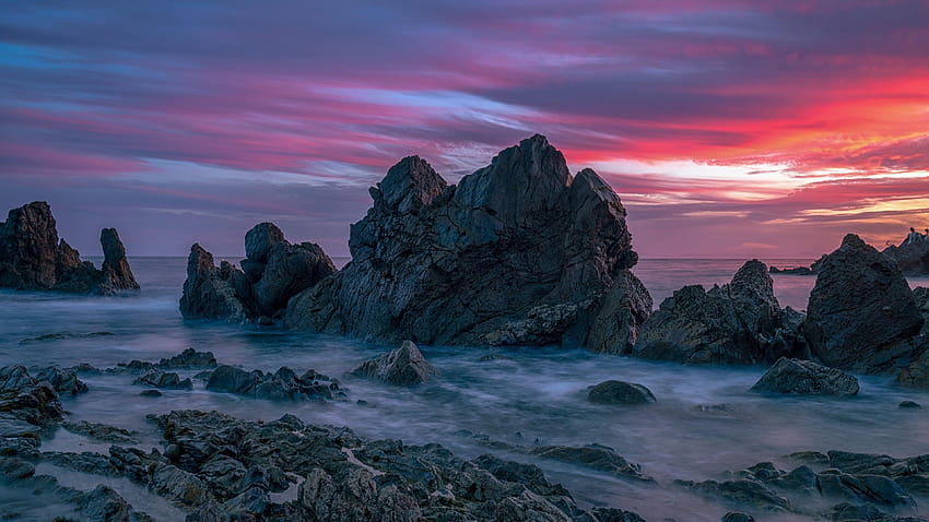 3840x2160 Rocky Coast, Rocks, Nature, Sunset, 4 K HD wallpaper