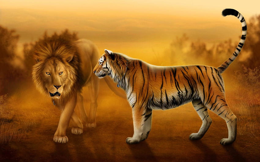 Lion Tiger 3D Animals HD wallpaper