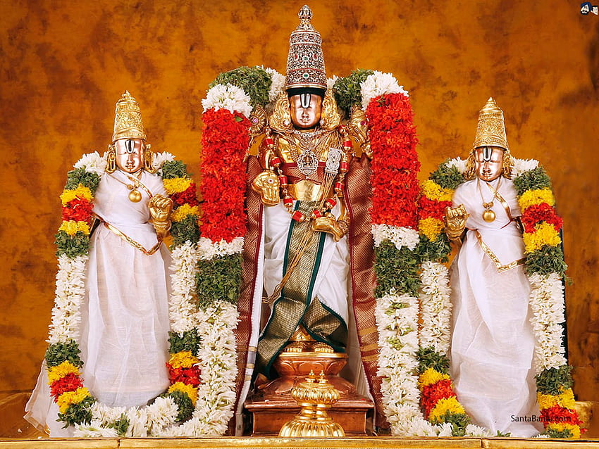 Lord Venkateswara flanqueado por sus 2 esposas, la Diosa SriDevi y la Diosa BhuDevi o BhooDevi, dios venkateswara fondo de pantalla
