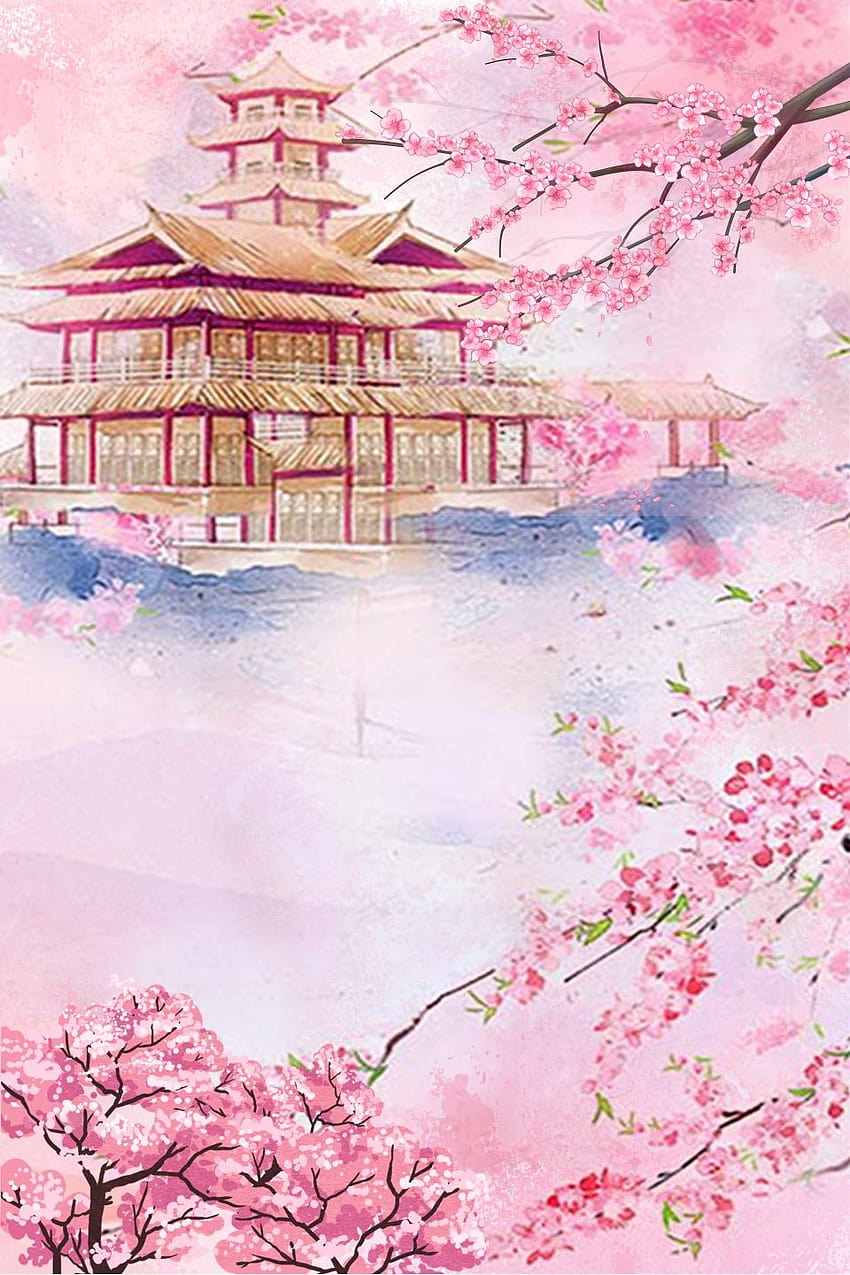 Peach Blossom Pavilion Poster Design, Peach Blossom, Pavilion, Swallow Backgrounds for HD phone wallpaper