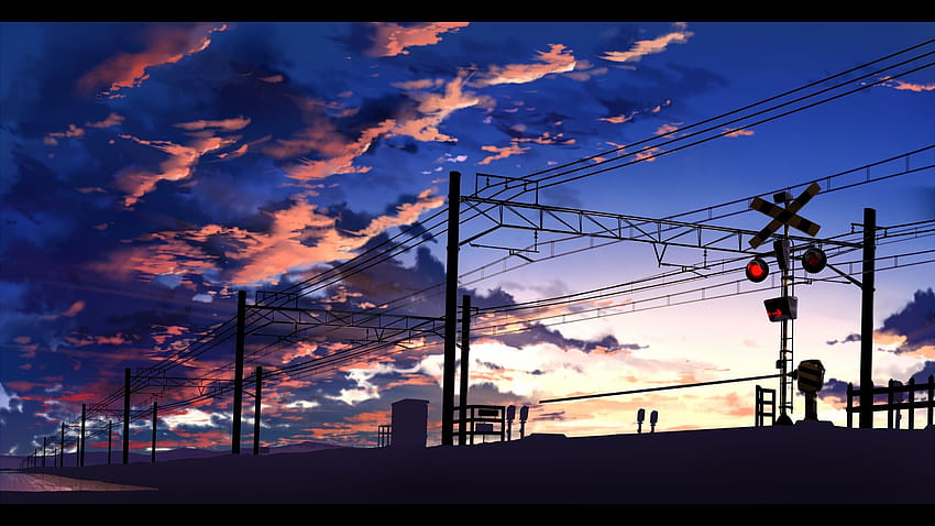 anime, dworzec kolejowy, linie energetyczne, chmury, sygnalizacja świetlna, kolej, przejazd kolejowy Tapeta HD