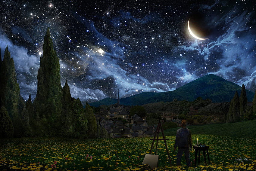 วาด Starry Night โดย Alex Ruiz และพื้นหลัง ค่ำคืนที่เต็มไปด้วยดวงดาว วอลล์เปเปอร์ HD