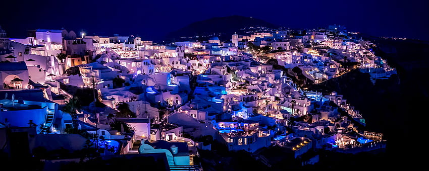 2560x1024 santorini, grecia, ciudad de noche, iluminación de s de monitor ultraancho, santorini, grecia fondo de pantalla