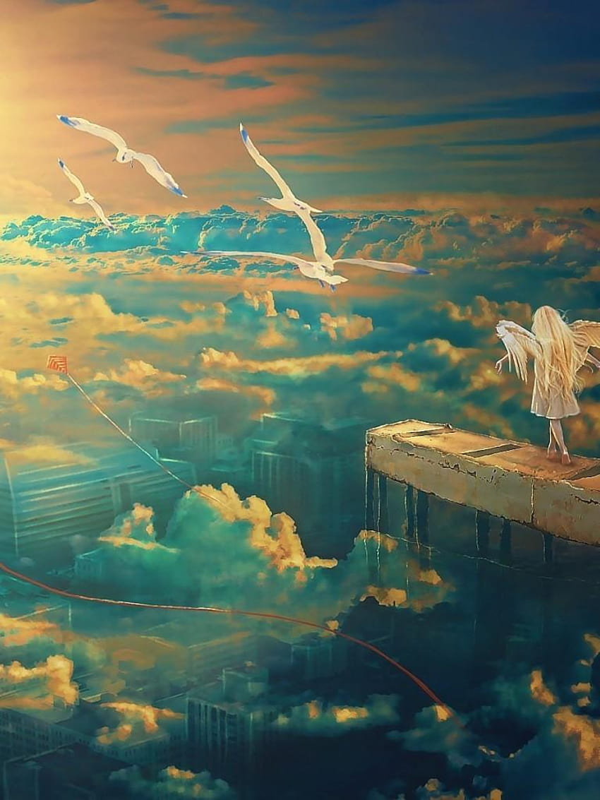 768x1024 Angel, Cliff, Clouds, Birds, Wings, Fantasy Girl HD phone wallpaper