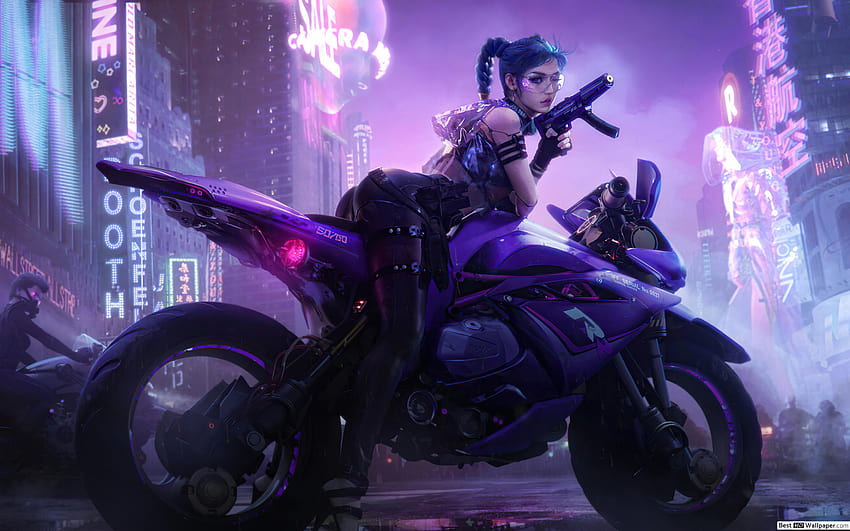 Cyborg Biker Girl, Cyberpunk-Mädchenkunst HD-Hintergrundbild