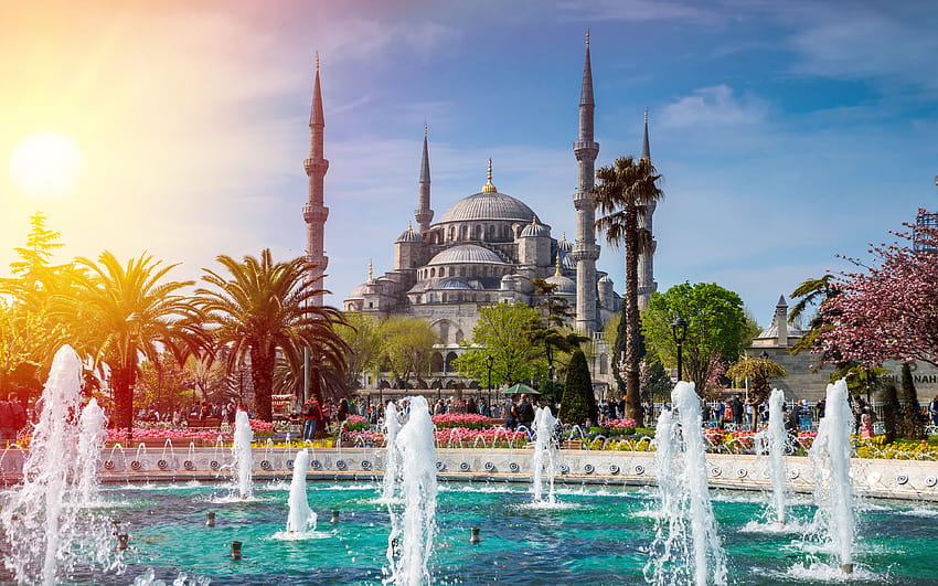 スルタン アフメット モスク、トルコのランドマーク、噴水、ブルー モスク 高画質の壁紙