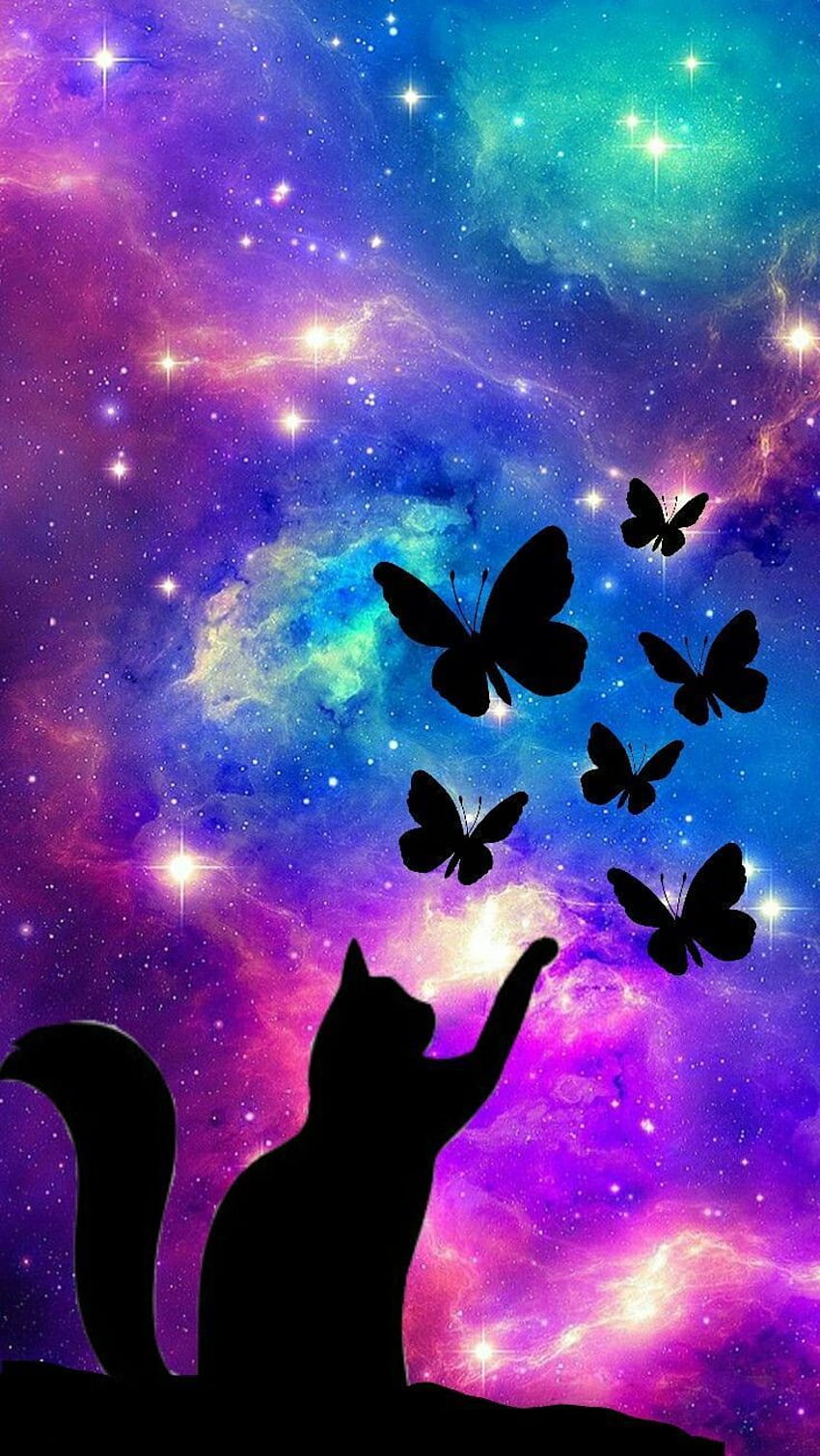 Coole Galaxy-Katze, Katze und Schmetterling HD-Handy-Hintergrundbild