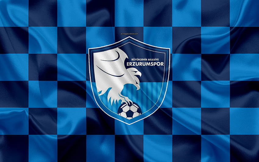 Buyuksehir Belediye Erzurumspor, logotipo, arte creativo, bandera a cuadros negra azul, club de fútbol turco, emblema, textura de seda, Erzurum, Turquía, Erzurum BB con una resolución de 3840x2400. Alta calidad fondo de pantalla