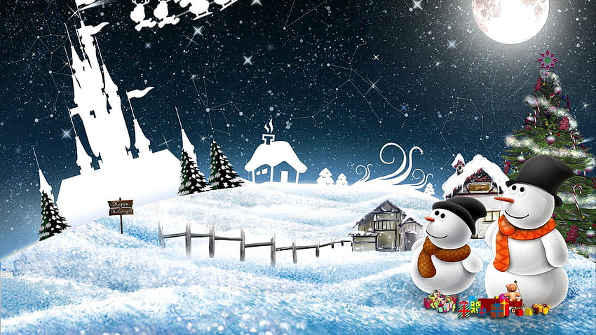 2048x1152 new year, snowmen, night, greeting, holiday, christmas ultrawide monitor backgrounds, 2048x1152 christmas HD wallpaper