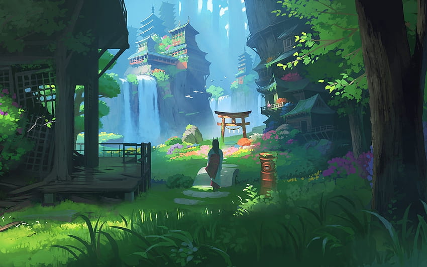 2560x1600 Anime-Landschaft, Wasserfall, Fantasie, asiatische Gebäude, japanische Kleidung, Hörner für MacBook Pro 13 Zoll, japanische Anime-Landschaft HD-Hintergrundbild