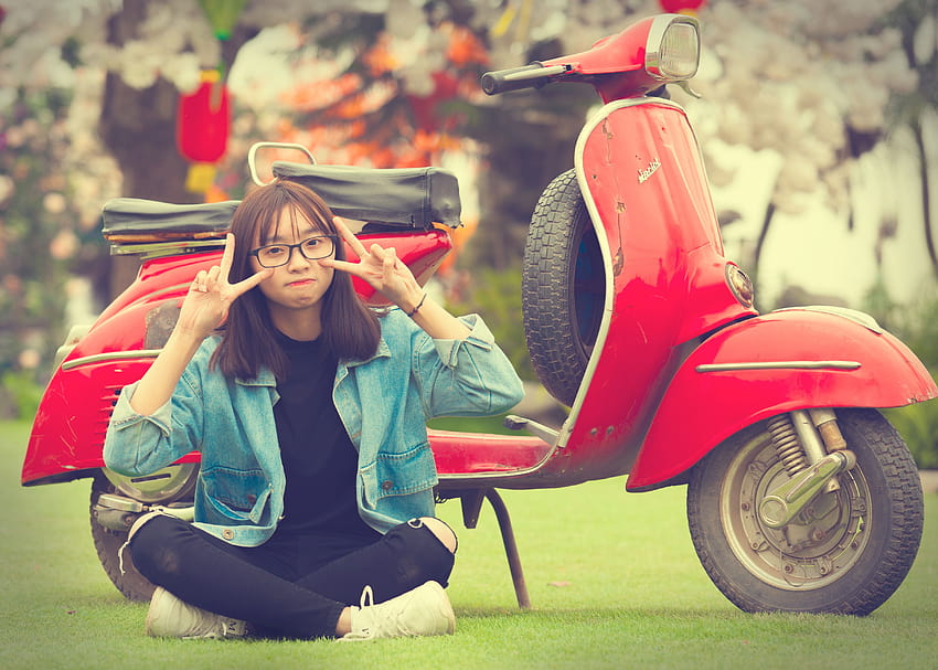 Girl Doing Peace Sign Indian Sitting in Front of Red Scooter, scooter women HD wallpaper