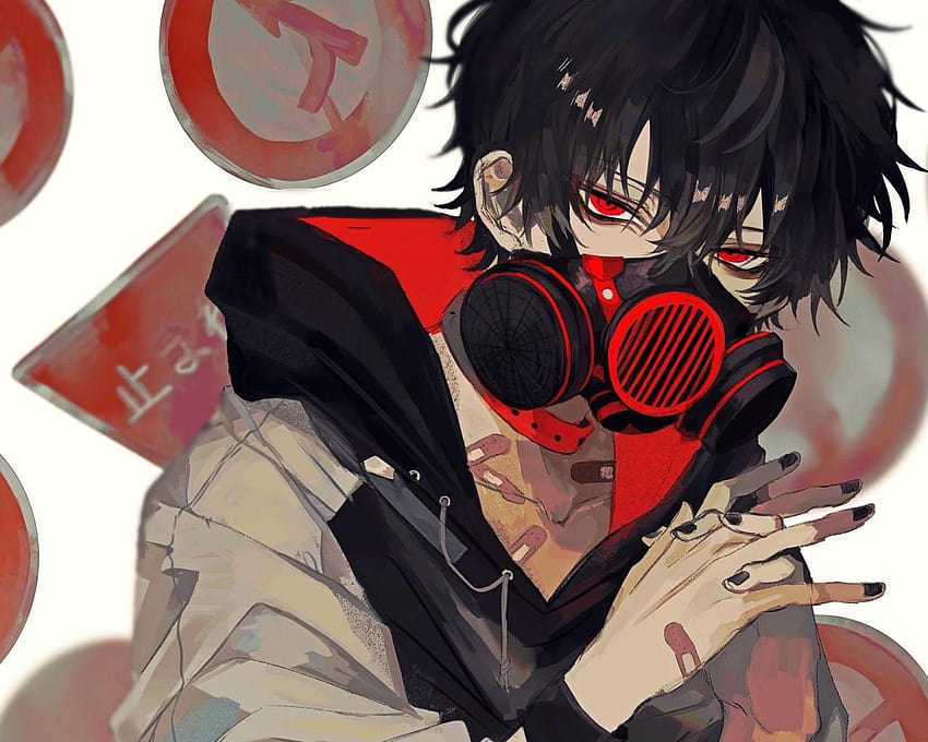 1280x1024 Anime Boy, Gas Mask, Red Eyes, Black Hair, anime boy hoodie HD wallpaper