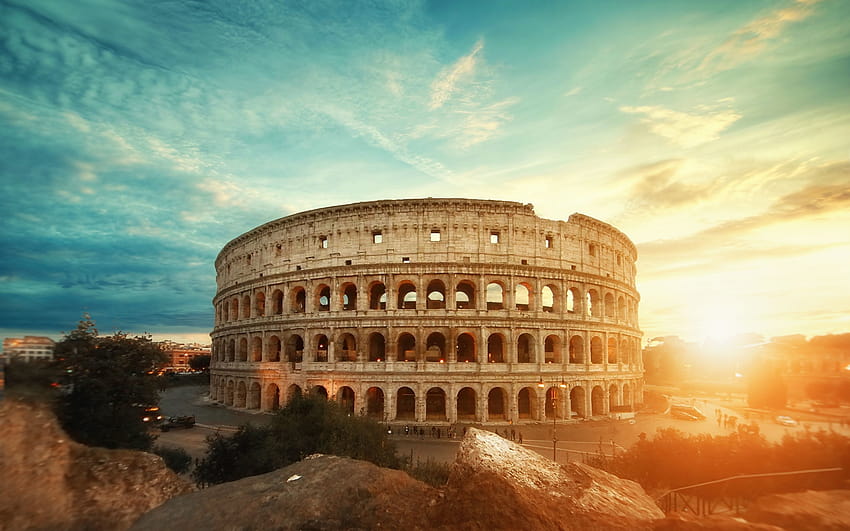 Kolosseum, Sonnenuntergang, italienische Wahrzeichen, Architektur Italien HD-Hintergrundbild