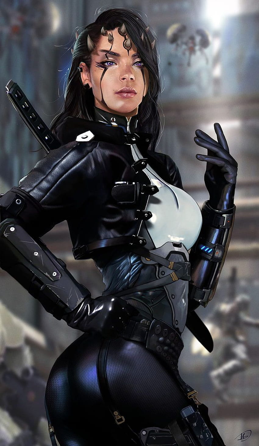: personaje femenino con chaqueta de cuero negra, mujer, ropa de armadura fondo de pantalla del teléfono