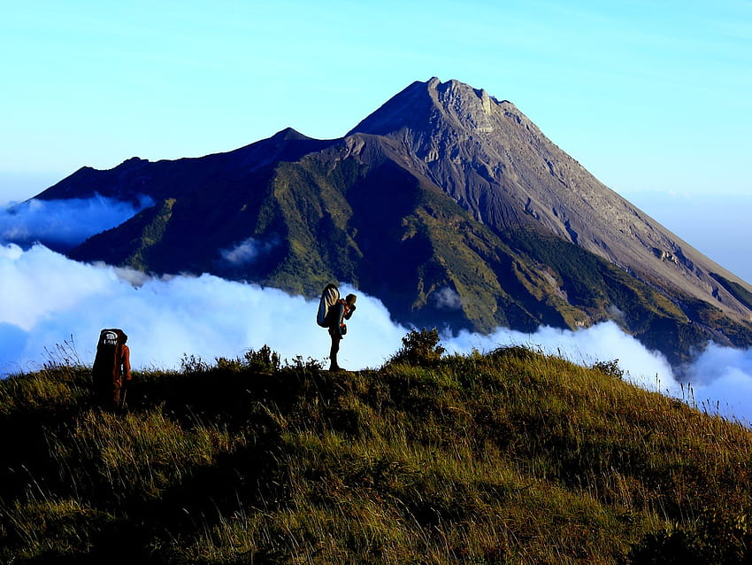 Merapi, Merbabu, Vulkan, Wanderer, Savanne, Mount Merapi HD-Hintergrundbild