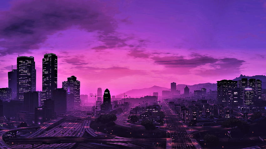 GTA 5 เมืองตอนกลางคืน สไตล์สีม่วง ตึกระฟ้า วอลล์เปเปอร์ HD