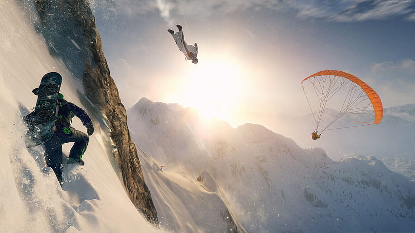Deporte extremo, acantilado, nieve, montañas, paracaidismo, esquí, deportes extremos fondo de pantalla