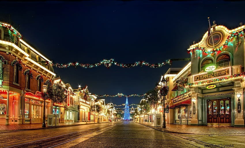 La guirlande de lumières du nouvel an Holiday street night city, new year street Fond d'écran HD