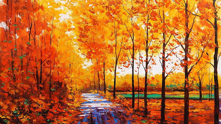 : sunlight, trees, landscape, fall, reflection, branch, stream, oil painting, ART, autumn, 1920x1080 px, woodland, grove, computer , modern art, temperate broadleaf and mixed forest, deciduous, acrylic paint, watercolor paint, autumn water colour HD wallpaper