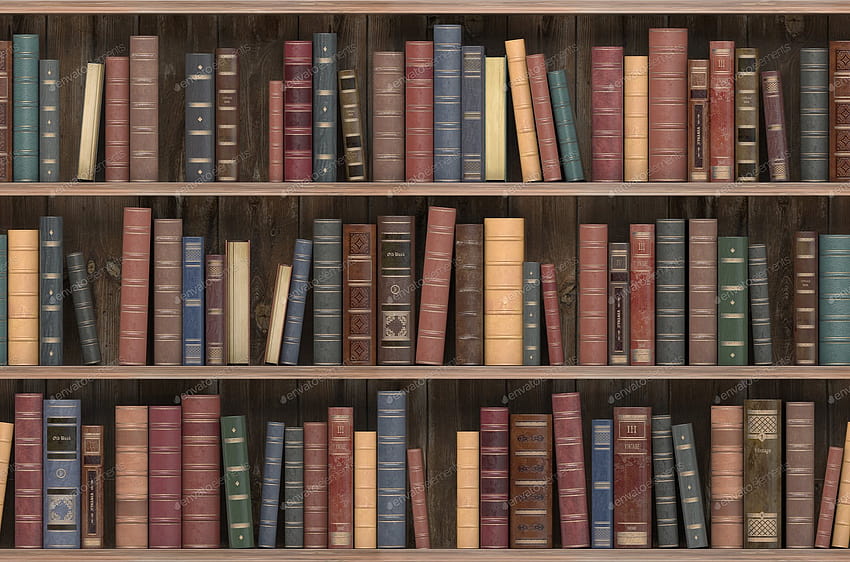 Livros antigos na velha prateleira de madeira. Antiga biblioteca ou livraria antiga. Textura sem costura em mosaico por maxxyustas no Envato Elements papel de parede HD