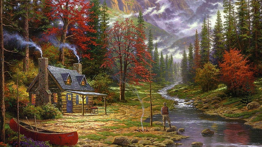 578588 1920x1080 painting cottage canoes river fishing forest chimneys thomas kinkade JPG 702 kB, fall cottage HD wallpaper