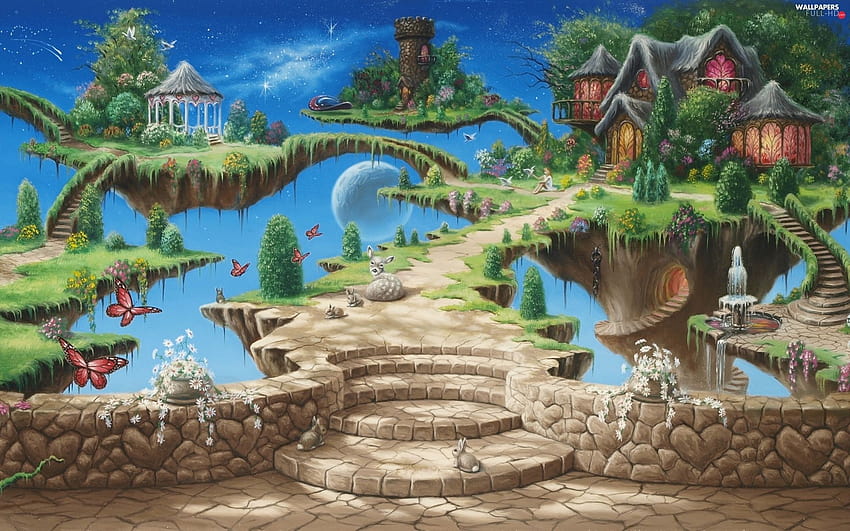 Houses, animals, fairytale, land, fairy tail land HD wallpaper