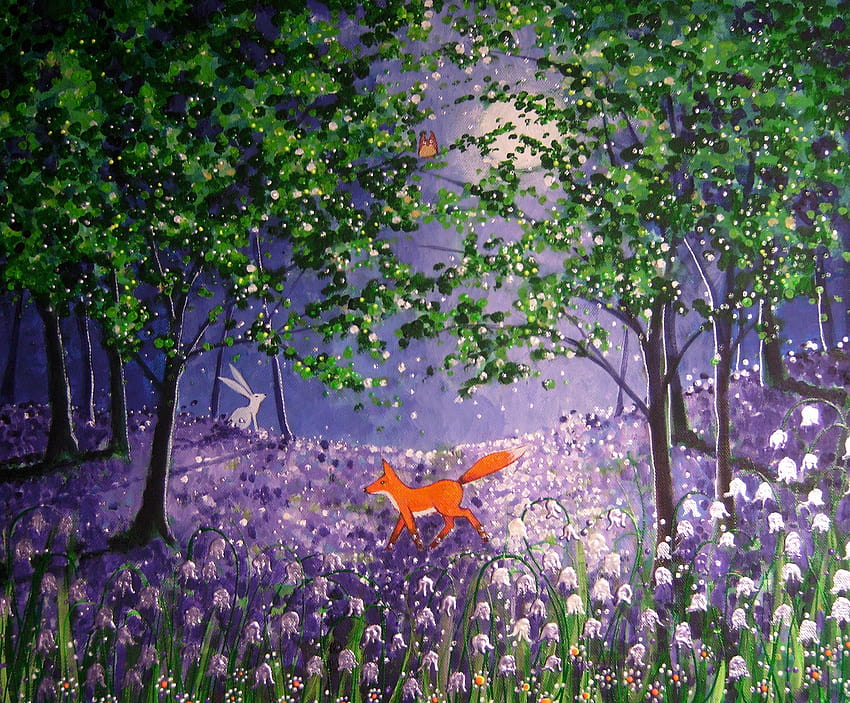 Mystical Forest Print Bluebell Wood Spring Fox キツネと神秘的な春の花 高画質の壁紙