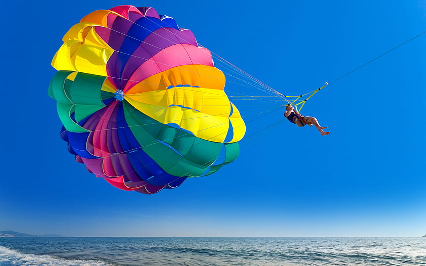 Parasailing, skating with parachute, ocean, coast, summer, extreme entertainment, Bora Bora, French Polynesia, Pacific Ocean, summer travel, vacation, with resolution 3840x2400. High Quality HD wallpaper