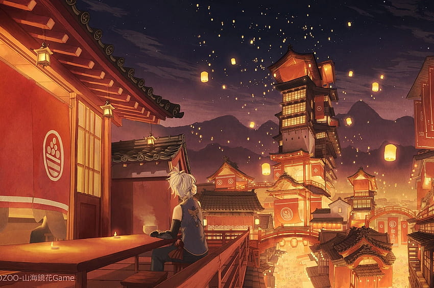 anime japanese lantern festival, japan anime night HD wallpaper
