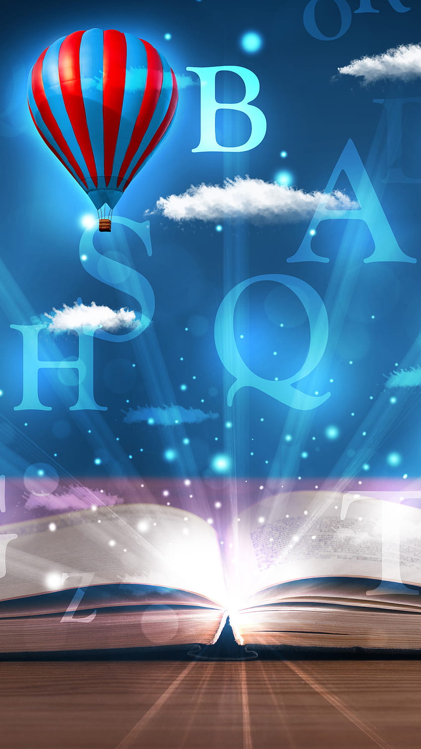 Open book with glowing fantasy abstract clouds and balloons Android, book fantasy android HD phone wallpaper