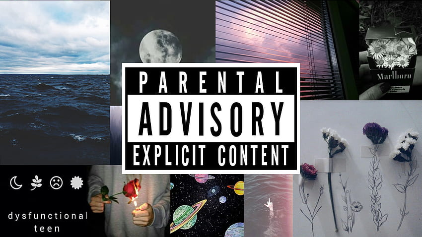 A collage of tumblr vibes with the parental advisory logo HD wallpaper