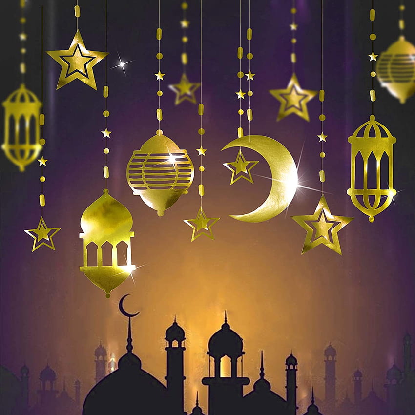 16 adet İslami Altın Yıldız Hilal Ay Fener Ramazan Çelengi EID Dekorasyon Ev Mutlu Ramazan Mübarek Parti Dekoru Asılı Flama Düğün Zemin Afiş Aladdin Birtay Parti Malzemeleri: Oyuncaklar ve Oyunlar, ramazan süslemeleri HD telefon duvar kağıdı