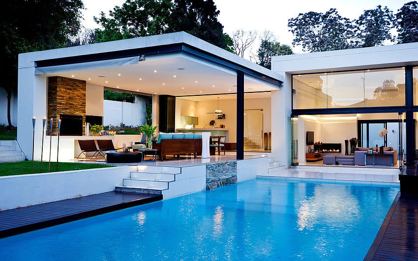 プールと家のある美しい家 豪華な家、かわいい家 高画質の壁紙