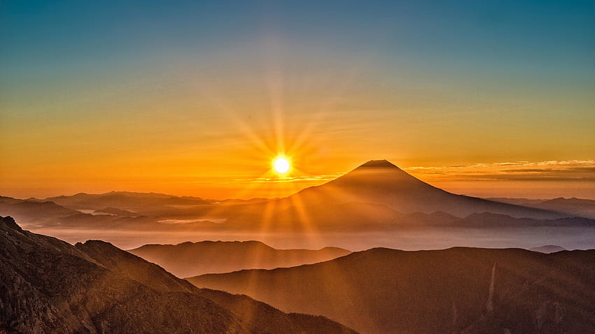 Mount Fuji Morning Sun Rising, poranne światło słoneczne Tapeta HD