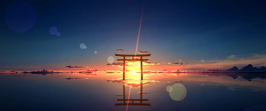 鳥居 神社門 風景 夕焼け 水平線 高画質の壁紙