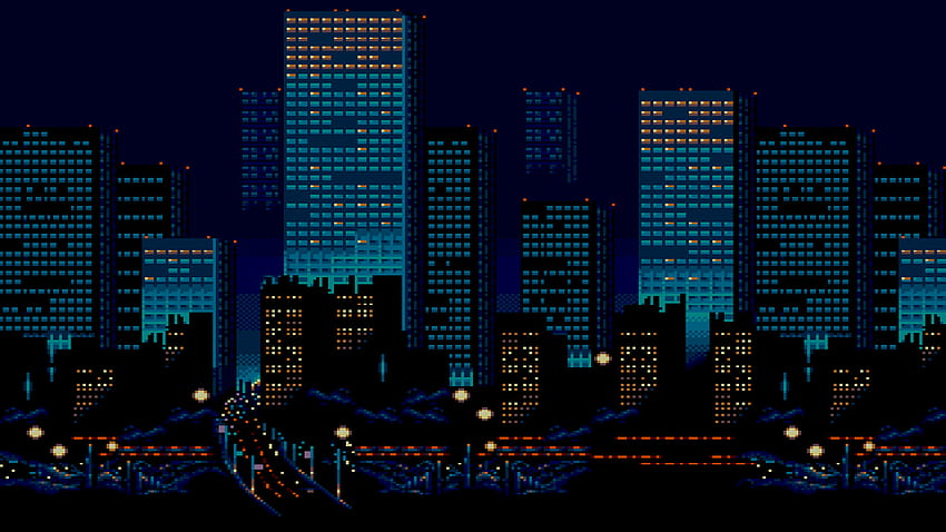 Una città di notte, edizione pixel art. 1920 × 1080 : Sfondo HD