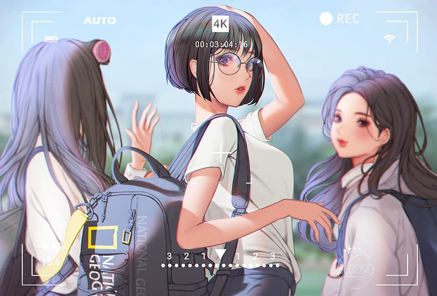 : anime girls, looking at viewer, women trio, dark hair, women with glasses, women outdoors, arms up, purple eyes, standing 1715x1163, anime trio HD wallpaper