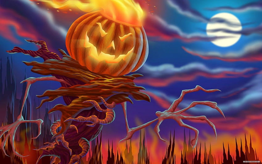Halloween scary horror nights scarecrow pumpkin haunted house, halloween pumpkin head HD wallpaper