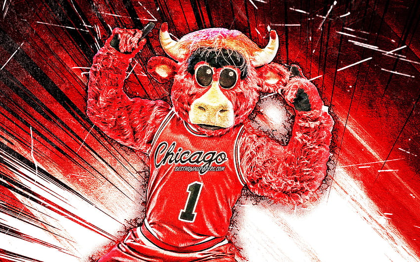 Benny the Bull, grunge art, maskotka, Chicago Bulls, czerwone abstrakcyjne promienie, NBA, kreatywny, USA, Chicago Bulls maskotka, Benny, NBA maskotki, oficjalna maskotka, Benny maskotka z rozdzielczością 3840x2400 Tapeta HD