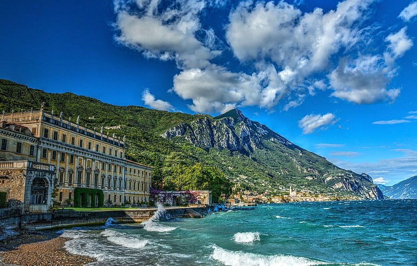 mountains, lake, the building, Alps, Italy, Italy, Alps, lake garda HD wallpaper