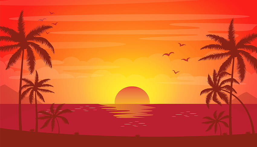 : sunshine, sky, sunset, orange, palm tree, sunrise, computer , arecales, afterglow, calm, dawn, illustration, sun 8192x4681, spring sunshine sunsets HD wallpaper