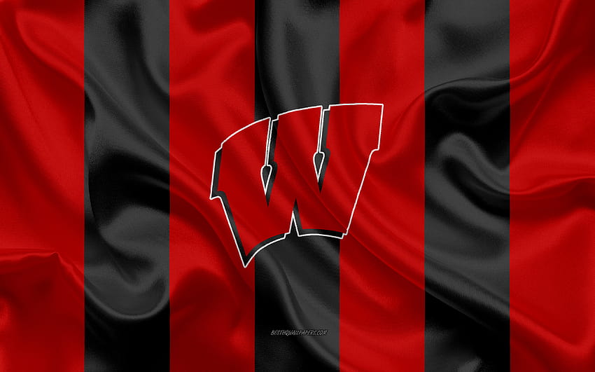 Wisconsin Badgers, American football team, emblem, silk flag, red, wisconsin teams HD wallpaper