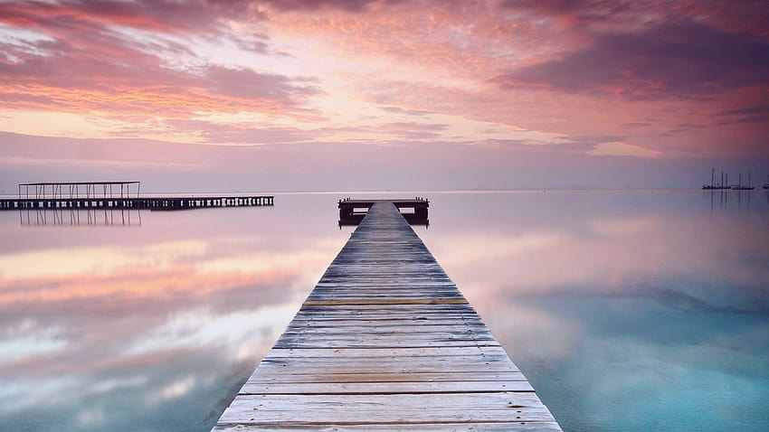 Spain, pink, sky, clouds, ocean, bridge, reflection, Nature HD wallpaper