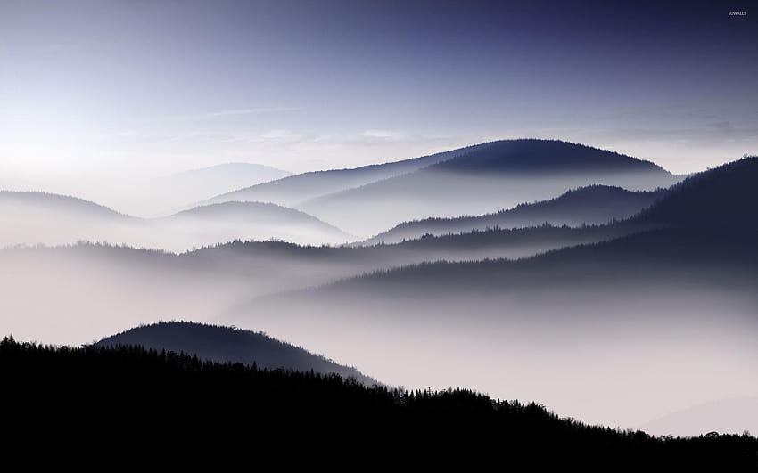 Sunset on a foggy mountain range, fogy mountains HD wallpaper