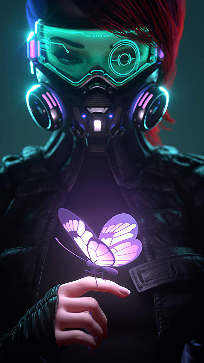 Cyber​​punk Girl In A Gas Mask Looking At The Glowing Butterfly IPhone, iphone サイバーパンク HD電話の壁紙