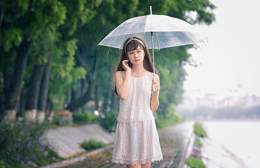 young woman Rain Asian Umbrella frock, girl and parasol HD wallpaper
