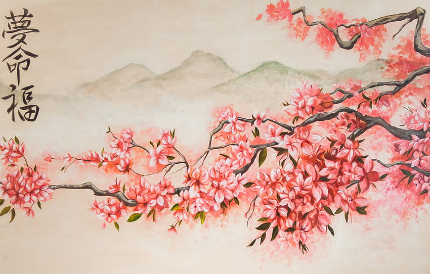montagne, primavera, Sakura, arte, fioritura, sezione живопись, arte dei fiori di ciliegio Sfondo HD