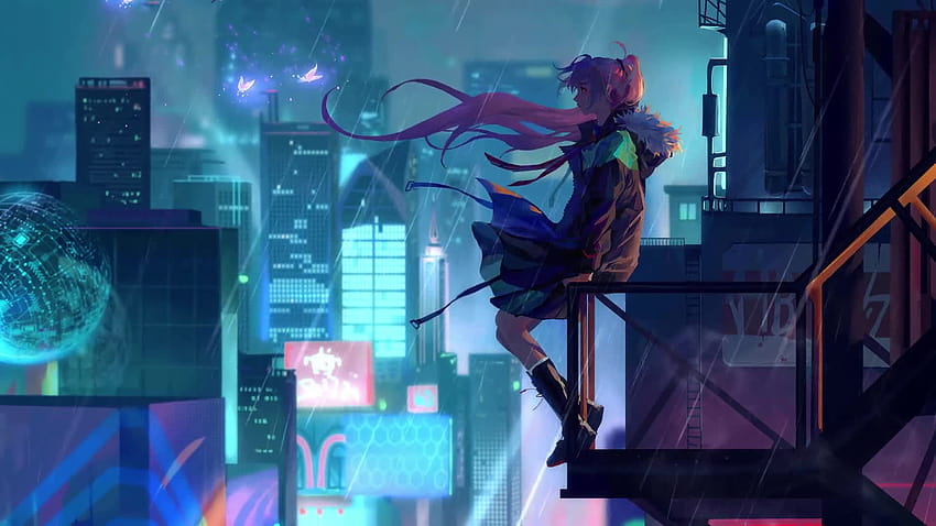 Di nuovo da solo / Anime Girl / Rain / Night City, anime night city rain Sfondo HD