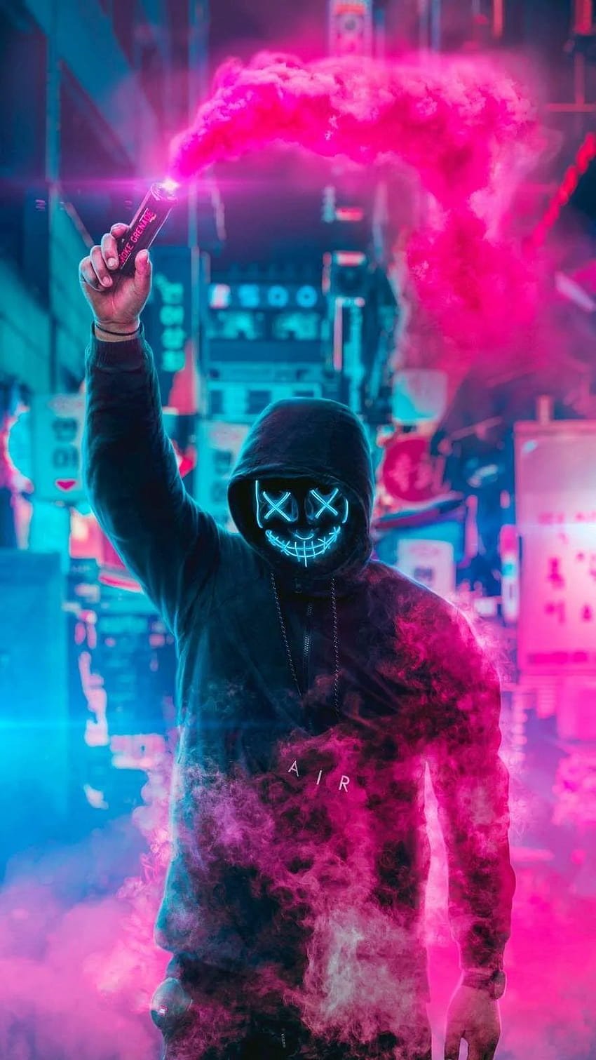 Smoke Grenade Neon Mask Guy iPhone, maschera di pericolo al neon Sfondo del telefono HD